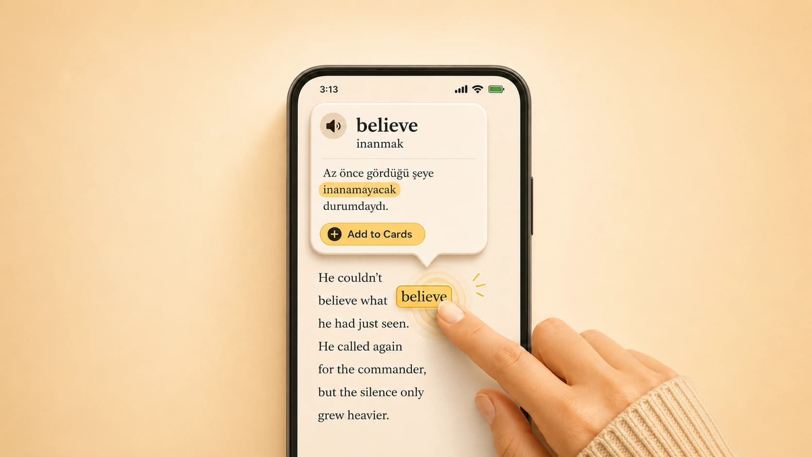 Okuzeka tap to translate reading app showing sentence-aware word meanings, flashcards, and reader settings