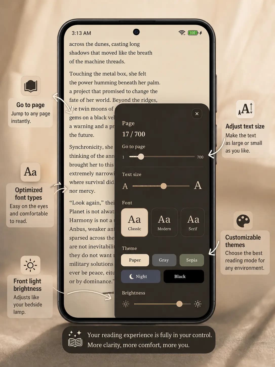 Customize theme, font, text size, brightness, and page controls in Okuzeka
