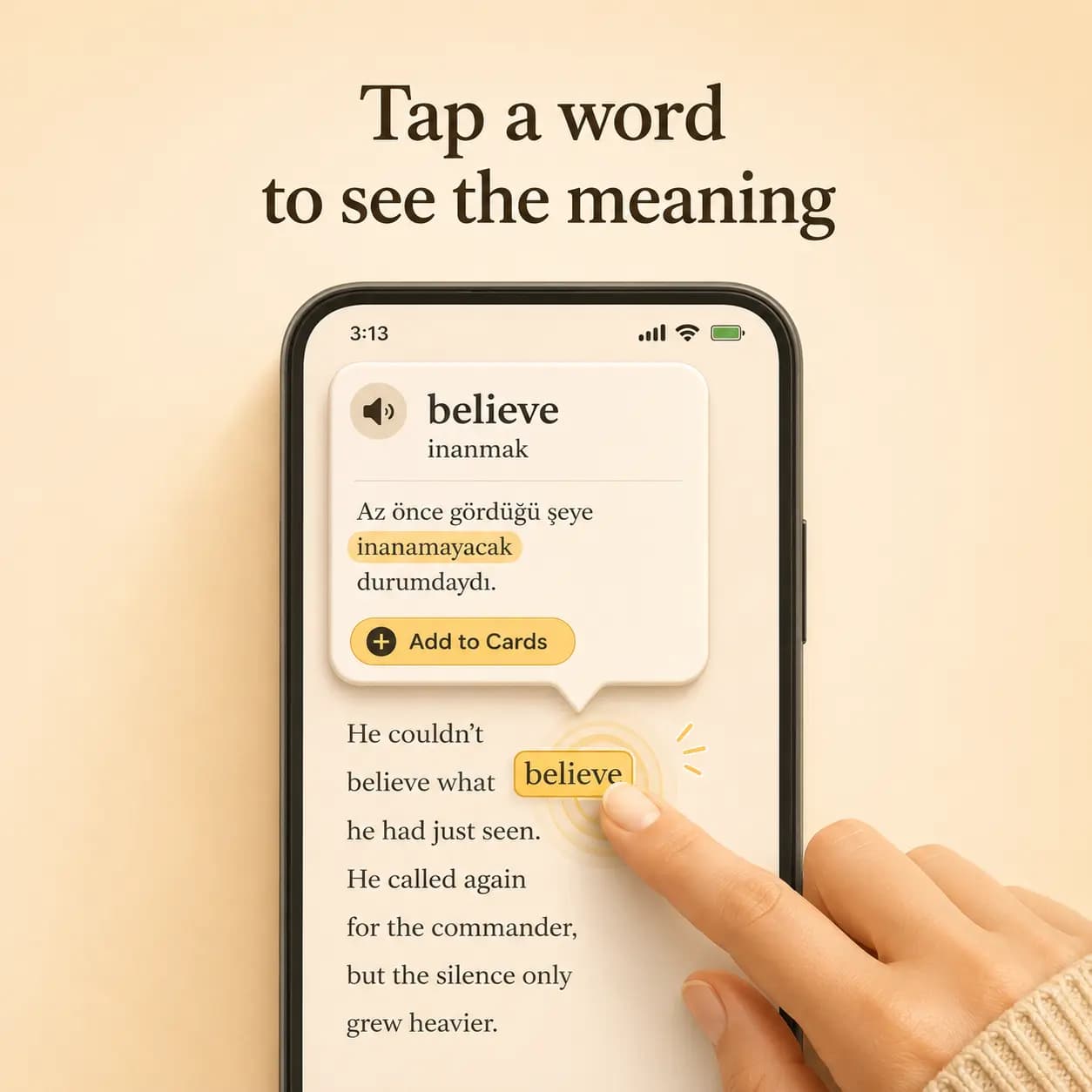 Okuzeka mobile reader showing tap to translate for a word in a book